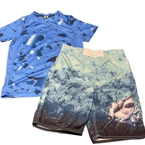 Old Navy Boys Shark Print Swim Shorts Sz L10-12 Russell Rashguard Sz M8 EUC - Picture 1 of 9
