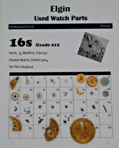 Piezas de reloj usado Elgin 16/16s grado 212 modelo 6 ser no 10539445 EP2/028 - Imagen 1 de 1