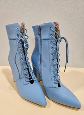 Bota Azelea Wang Akira Azul Satinado Tacón Grueso Con Cordones Delanteros Talla 7 Chic Femenina Foto 1 de 4