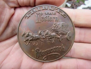 Vtg STAGECOACH Belt Buckle OLD WEST Western Tribute Brass RARE VG+ - Picture 1 of 4