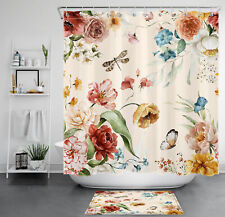 Watercolor Butterfly Red Floral on Beige Shower Curtain Set for Bathroom Decor