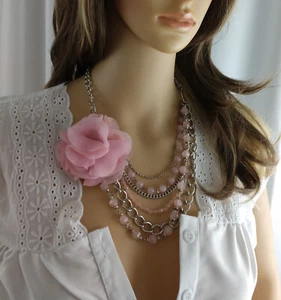 Multi Strand Pink Beaded Silver Chain Necklace Adjustable Removable Flower 23" - Picture 1 of 7