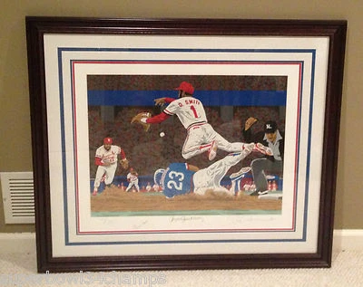 Serigrafía Ozzie Smith Ryne Sandberg Autografiada ALTO VUELO Rick Rush ~ ENMARCADA Foto 1 de 4