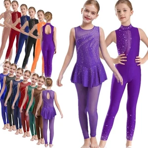 Girls Skating Skirt Dance Costume Shiny Sleeveless Jumpsuits with Mesh Leggings - Picture 1 of 98
