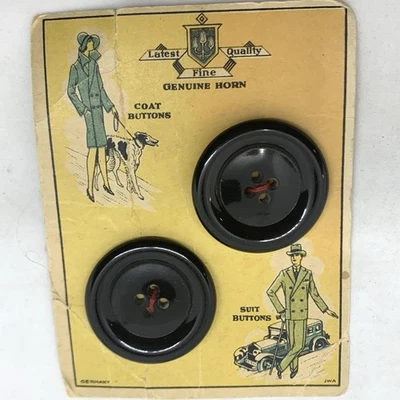 Real Horn Sewing Buttons Large for Coat Blazer Suit 1.5” Black 2 On Card Germany - Image 1 of 4