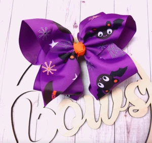 BOWS 8" Inches Jumbo Handmade Grosgrain Ribbon HairBow Halloween Bat Purple - Picture 1 of 9