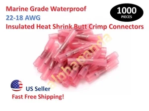 1000x MARINE GRADE 22-18 RED HEAT SHRINK BUTT CRIMP WIRE CONNECTORS TERMINALS - Picture 1 of 6