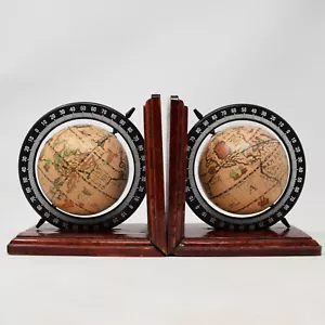 Spinning Globe Bookends Old World Varnished Wood Office Desk Shelf Map Decor Set - Picture 1 of 11