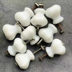 9-pc Antique MCM White Milk Glass Hexagon Knobs 1.25"H Cupboard Drawer Pull Door - Picture 1 of 4