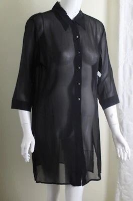 NUEVO CON ETIQUETAS Jacqueline Ferrar Talla 10 M Negro Seda Transparente 35" Túnica Camisa Top Top Topper Chaqueta Foto 1 de 4
