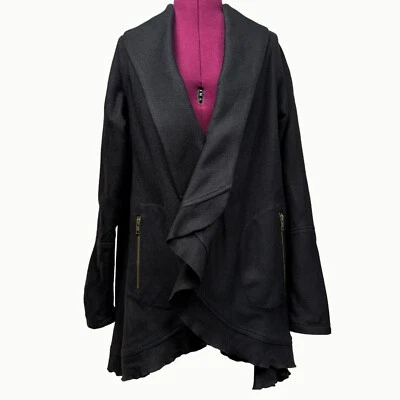 BCBGeneration Black Woven Wool Blend Zipper Pockets Drape Lapel Peacoat Jacket S - Image 1 of 4