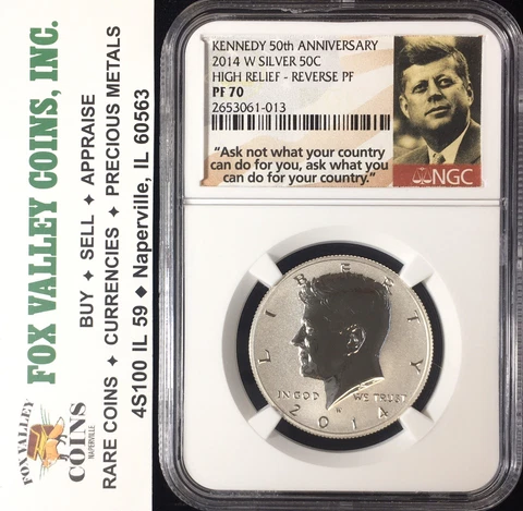 2014-W REVERSE PROOF KENNEDY SILVER HALF DOLLAR 50TH ANNIV. PF70 HIGH RELIEF NGC Cover