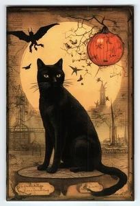 Postal de Halloween de colección gato negro murciélago volador calabaza luna fotocromo fantasía - Imagen 1 de 2