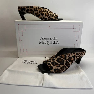 Alexander McQueen Leopard Calf Hair Mules Size 38 Open Square Toe Slip-On - Picture 1 of 21