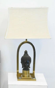 Mid Century French 1970 Buddha head Table lamp with shade - Picture 1 of 7