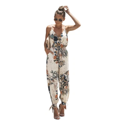 Women's Cotton Floral Jumpsuit Halter Tie Ankle Split Leg Sleeveless Rompers - Image 1 of 4