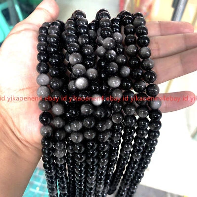 Natural 6/8/10/12/14/16mm Silver Obsidian Round Gemstone Loose Beads 15'' Strand - Image 1 of 4