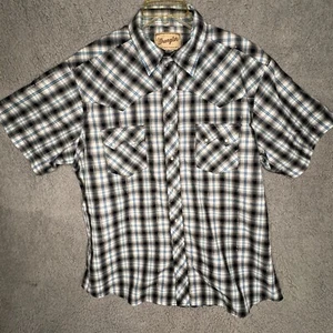 Wrangler Western Fashion Pearl Snap Shirt Short Sleeve XL Blue/Black Plaid - Picture 1 of 5