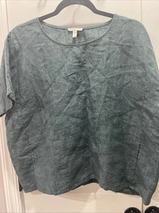 Women’s Eileen Fisher 100% Linen Green Short Sleeve Cropped Shirt - Picture 1 of 9