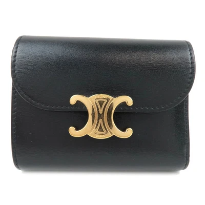 Auténtica Cartera CELINE Triomphe Tri-Pliegue Cuero Negro Dorado HDW F/S Foto 1 de 4