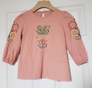 Mini Boden Girls Peach Embroidered Pineapple Floral Keyhole Shirt - Sz 7-8 Years - Picture 1 of 7