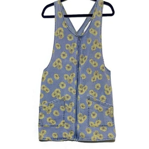 Juniors' SO Pinafore Dress Size Large Zip Front Blue Denim With Yellow Flowers - Picture 1 of 6