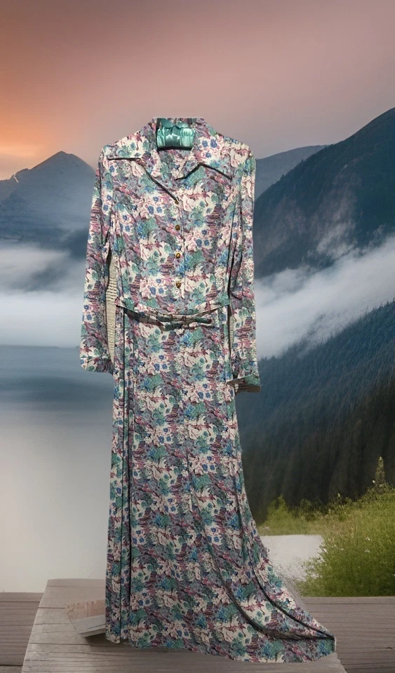 Vestido Vintage Anos 60 10 Malha Elástica com Cinto Estampa Floral Boho Jardim Festa Maxi P/M - Imagem 1 de 4
