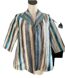 ic by connie k women small teal striped tapestry open front 3/4 Sleeve jacket - Picture 1 of 9