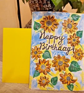 Handgemachte A5 Geburtstagskarte mit Sonnenblumen – Einzigartiges Acrylgemälde + - Bild 1 von 6