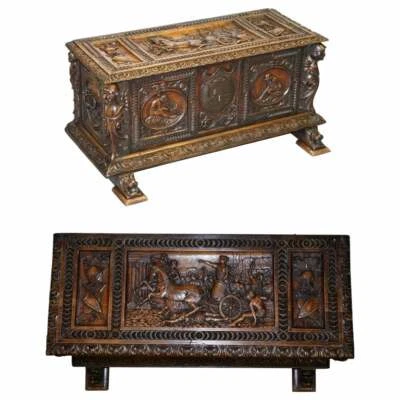 SUBLIME ROMAN CHARIOT ORNATELY HAND CARVED ANTIQUE WALNUT TRUNK CHEST OR COFFER  - Image 1 of 4
