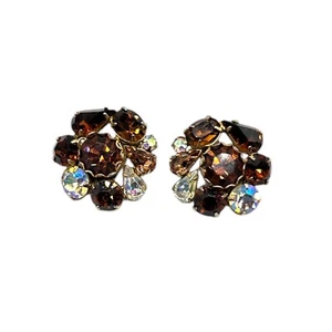 Vintage 1950s '60s Regency Amber Topaz AB Rhinestone Sparkle Clip-On Earrings - Picture 1 of 6