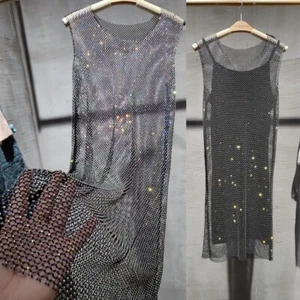 Damen Mini Tank Kleid Glitzer Strass Fischernetz durchsichtig Abdeckung Strandclub - Bild 1 von 9