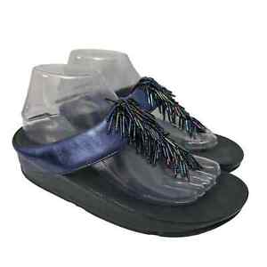 FitFlop Sandals Womens 7 Blue Cha Cha Sapphire Iridescent Comfort Thong Platform