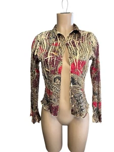 KOMAROV Crinkle Blouse Lace Up Back Collared Button Up Size Small Y2K USA - Picture 1 of 12