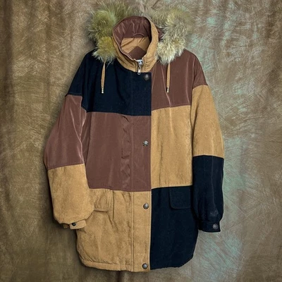 Izzi Outerwear Vintage 90s Patchwork Color Block Coat Coyote Fur Trim Hood  - Image 1 of 4
