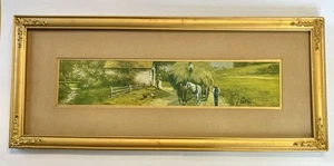 Antik 1905 Chromolithographie Heuernte Pferdewagen R. Hill gold verzierter Rahmen - Bild 1 von 5