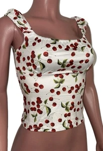Sexy White Cherry Print Retro Lace Up Open Back Crop Top New S Rave Festival - Picture 1 of 3