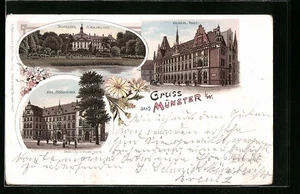 Lithographie Münster i. W., Kgl. Regierung, Schloss, Kaiserliche Post 1896 - Picture 1 of 2