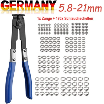 ACELECTRONIC 170tlg Schlauchschellen Klemmzange Set Edelstahl 1 Ohr Schellen 5,8-21mm + Zange