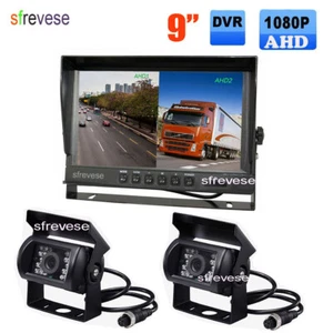 9" IPS Split Monitor+2 x18LED AHD 1080P Front Car Rear View Backup Camera SD DVR - Picture 1 of 10