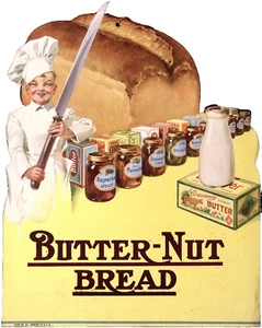 Letrero publicitario de exhibición de tienda troquelado pan mantequilla y nuez de 1940 chef infantil - Imagen 1 de 2