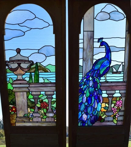 *Beautiful Pair of Pine Antique French Stained/Leaded Glass Doors with Peacock Cover