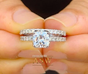 14k White Gold Cushion And Round Simulated Diamond Engagement Ring Band 1.90ctw - Picture 1 of 12