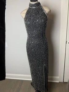 Vintage Laurence Kazar Beaded Dress Black Long Slit Mock Neck Formal Deadstock - Picture 1 of 21
