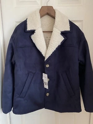 ❤️‍🔥RRP £89.99 ZARA MENS Size M BLUE FAUX SUEDE FUR CONTRAST  JACKET COAT NEW - Image 1 of 4