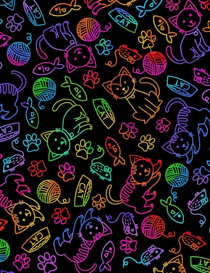 Animal Fabric - Rainbow Cat & Paw Outline Black - Timeless Treasures YARD - Image 1 of 1