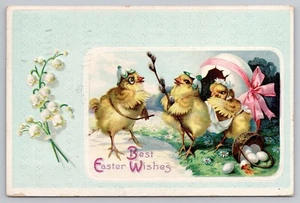 1910 "Easter Wishes" Postcard Anthropomorphic Chicks Pussy Willow Lily of Valley - Picture 1 of 4