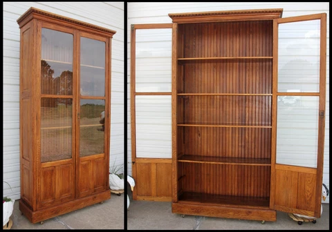 Antique LG 8' H Oak Raised Panel 2 Dr Display Case Showcase Cabinet Bead Molding Cover