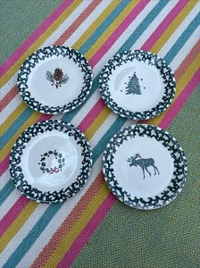 4 Folk Craft Holiday Pines Tienshan Dessert Xmas Plates Pine Cone Wreath Moose - Picture 1 of 2