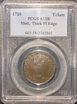 Moneda de cobre colonial 1789 PCGS AU 58 borde liso grueso Mott Token ENVÍO GRATUITO Foto 1 de 3